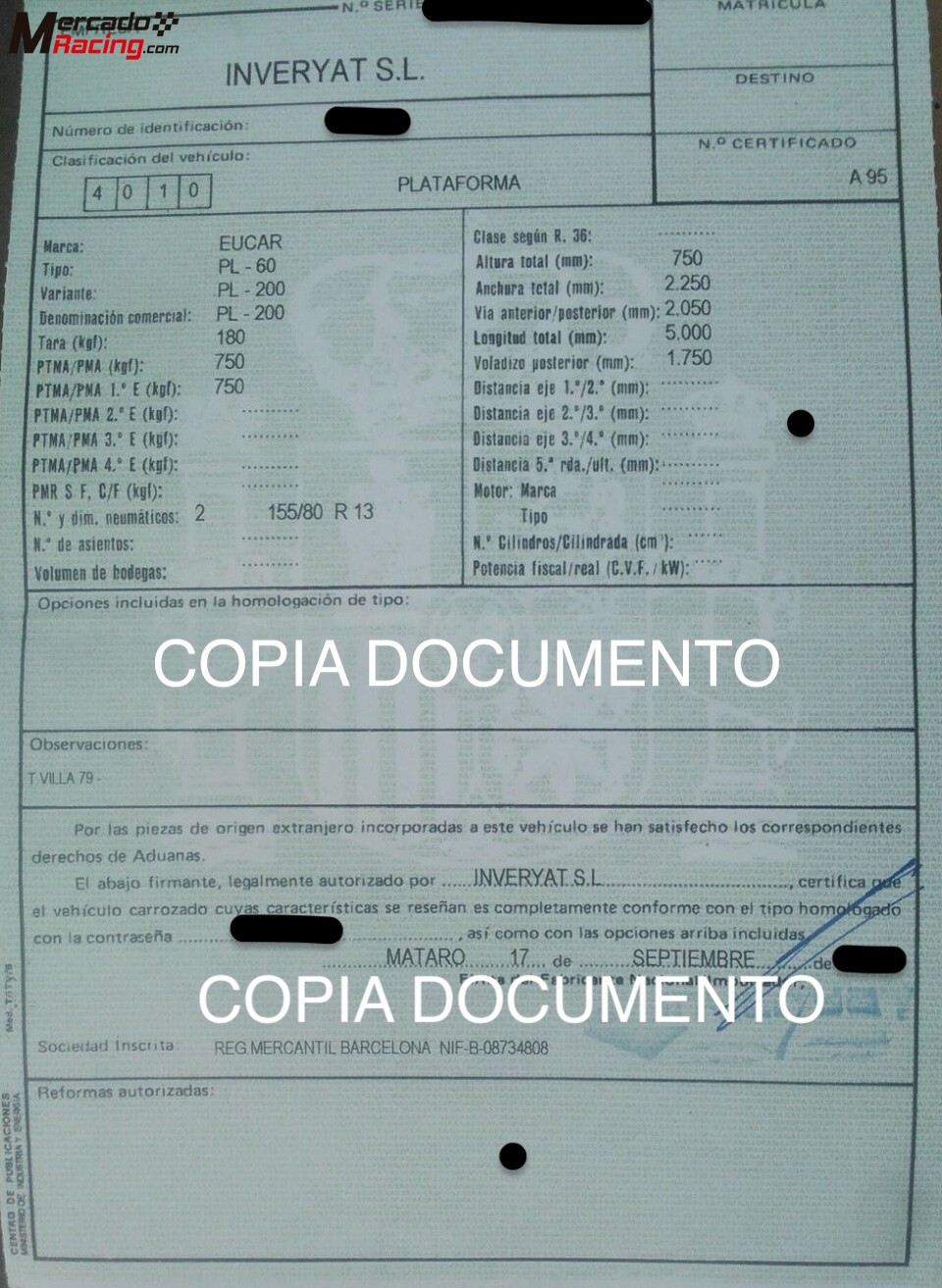 Remolque plataforma 750kg