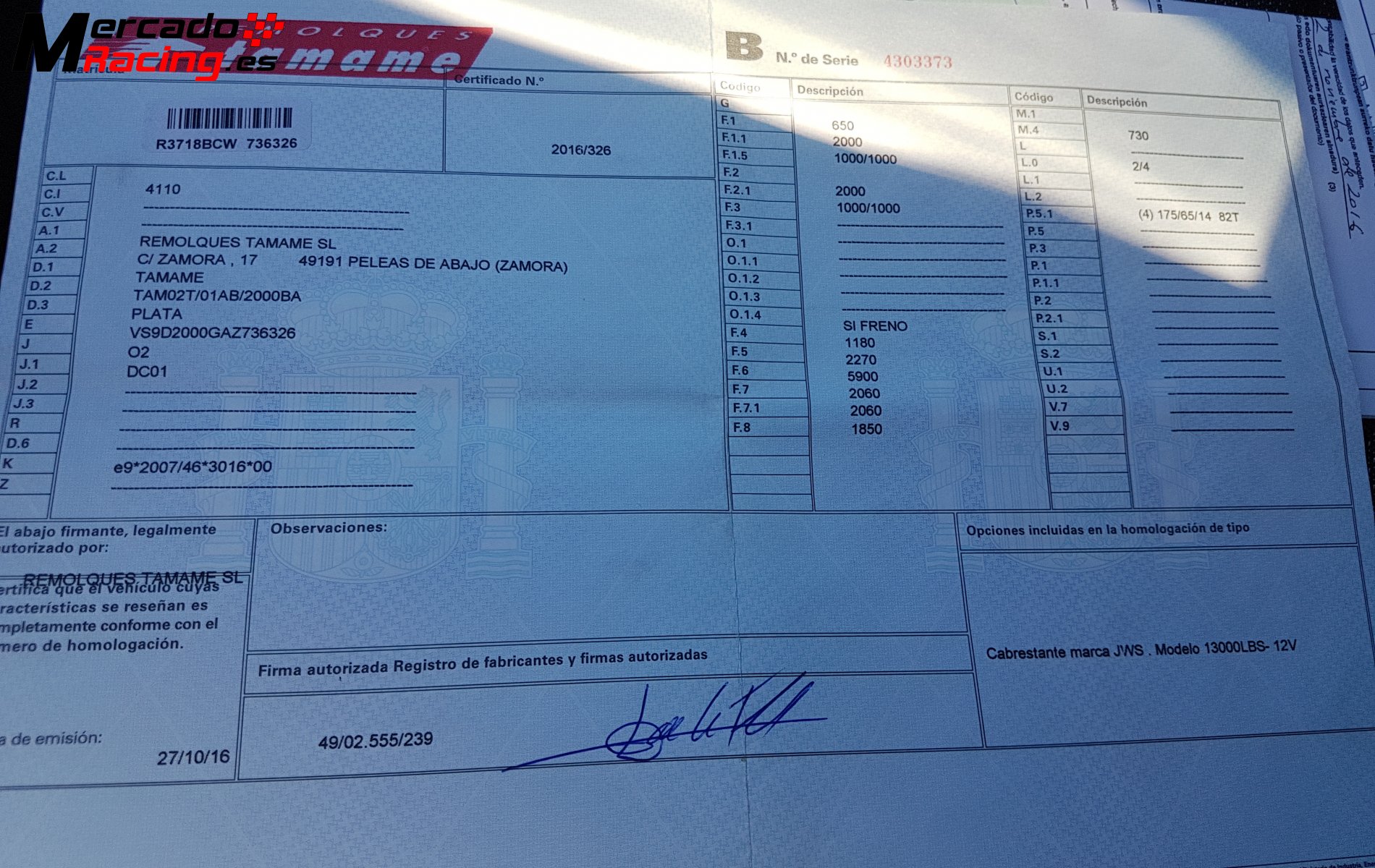 Portacoches homologado para 2000kg 1600 euros