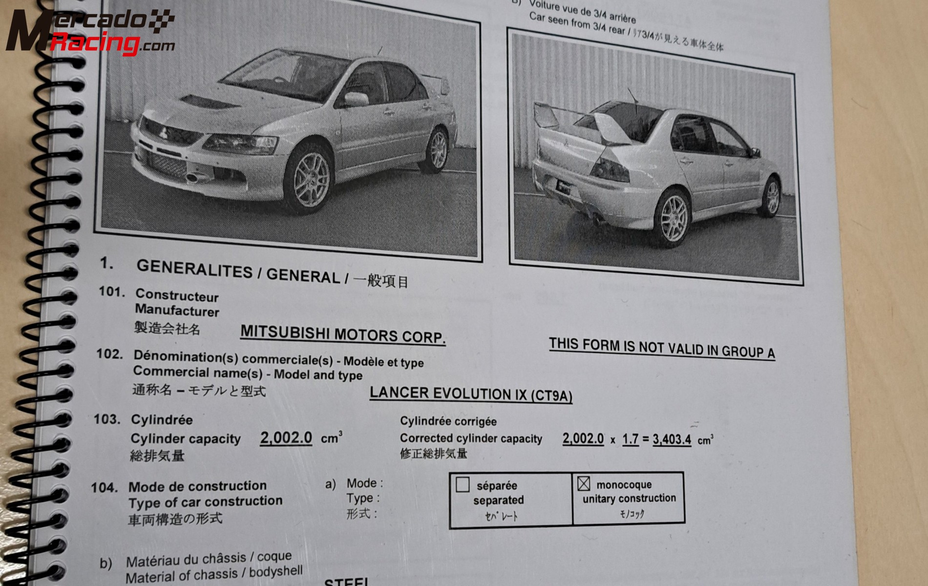 Vendo libro homologaciones mitsubishi evo ix