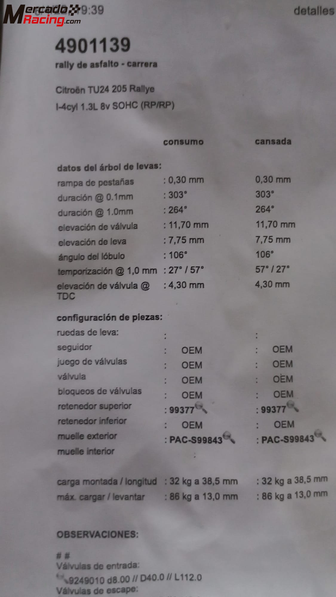 Culata psa 1.4-1.6 hecha con levas de 303º