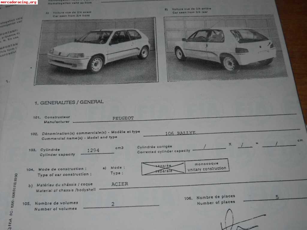 Vendo ficha de homologación de peugeot 106 rallye grupo a n