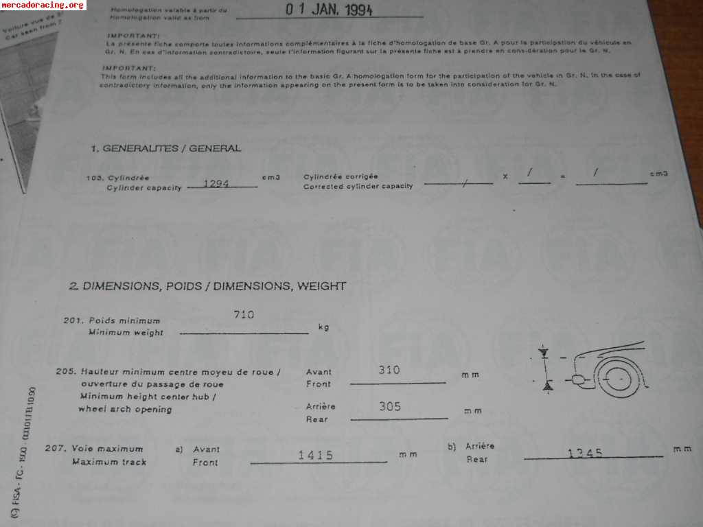 Vendo ficha de homologación de peugeot 106 rallye grupo a n