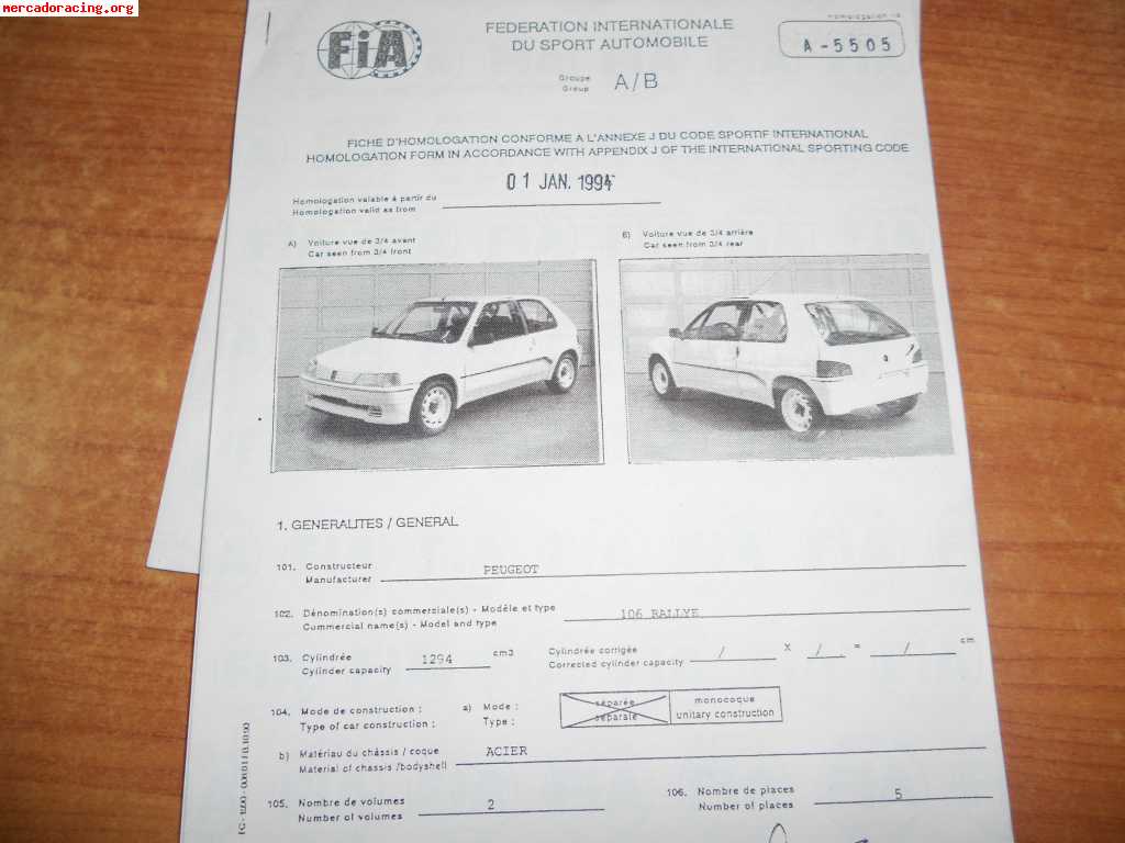 Vendo ficha de homologación de peugeot 106 rallye grupo a n