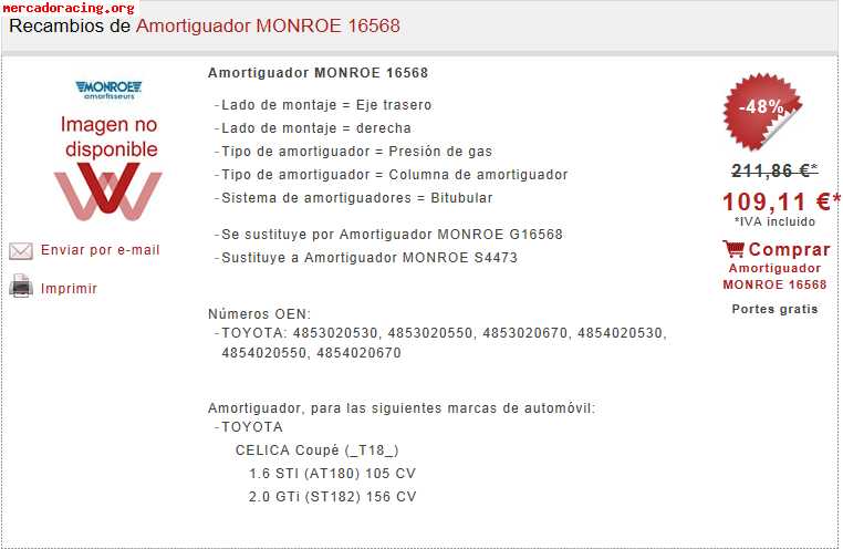 Amortiguadores traseros toyota celica coupé motor t_18 1.6 s