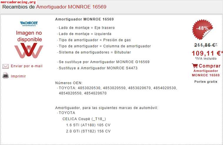 Amortiguadores traseros toyota celica coupé motor t_18 1.6 s