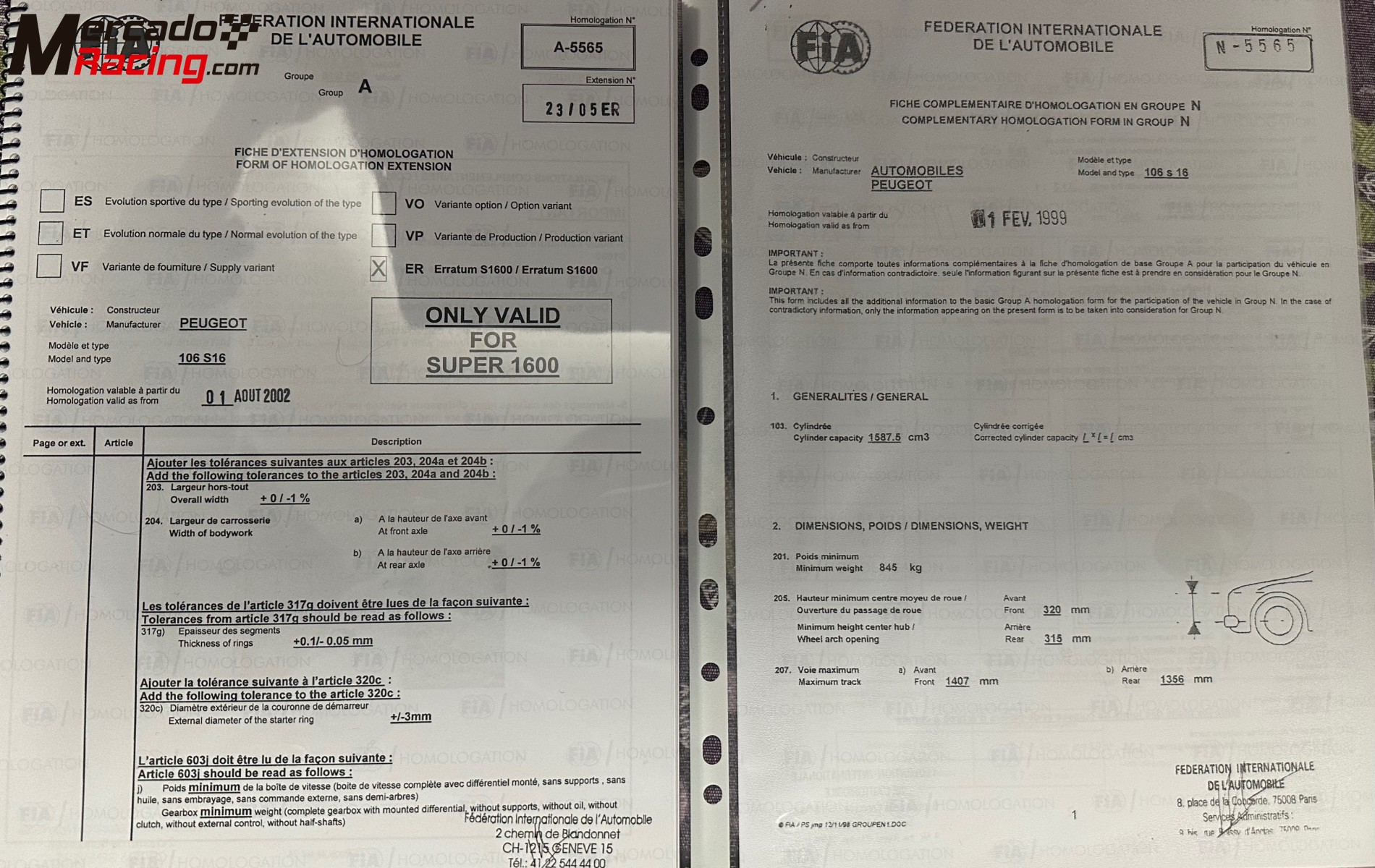 Ficha homologación grupo a 106 s16