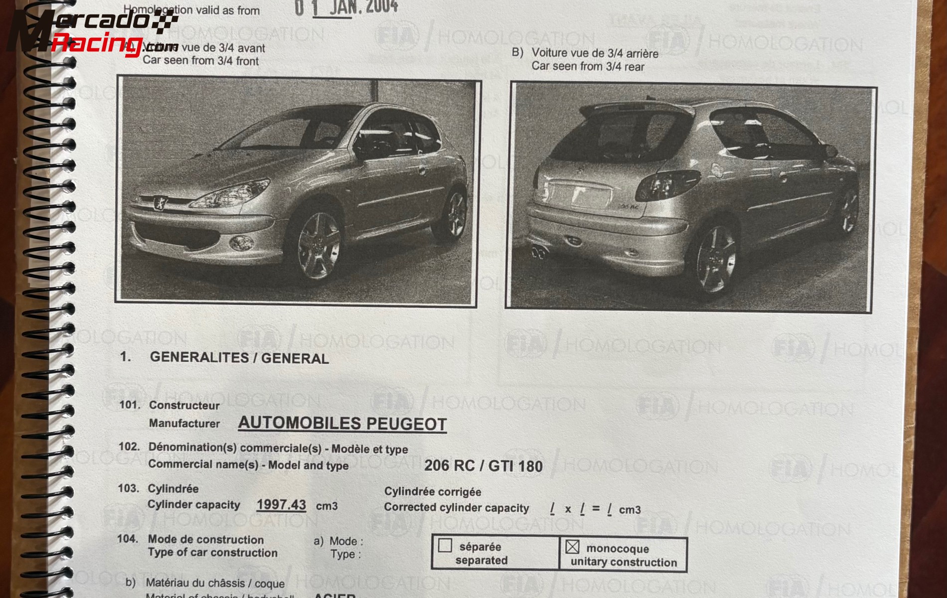 Ficha de homologación fia peugeot 206 rc